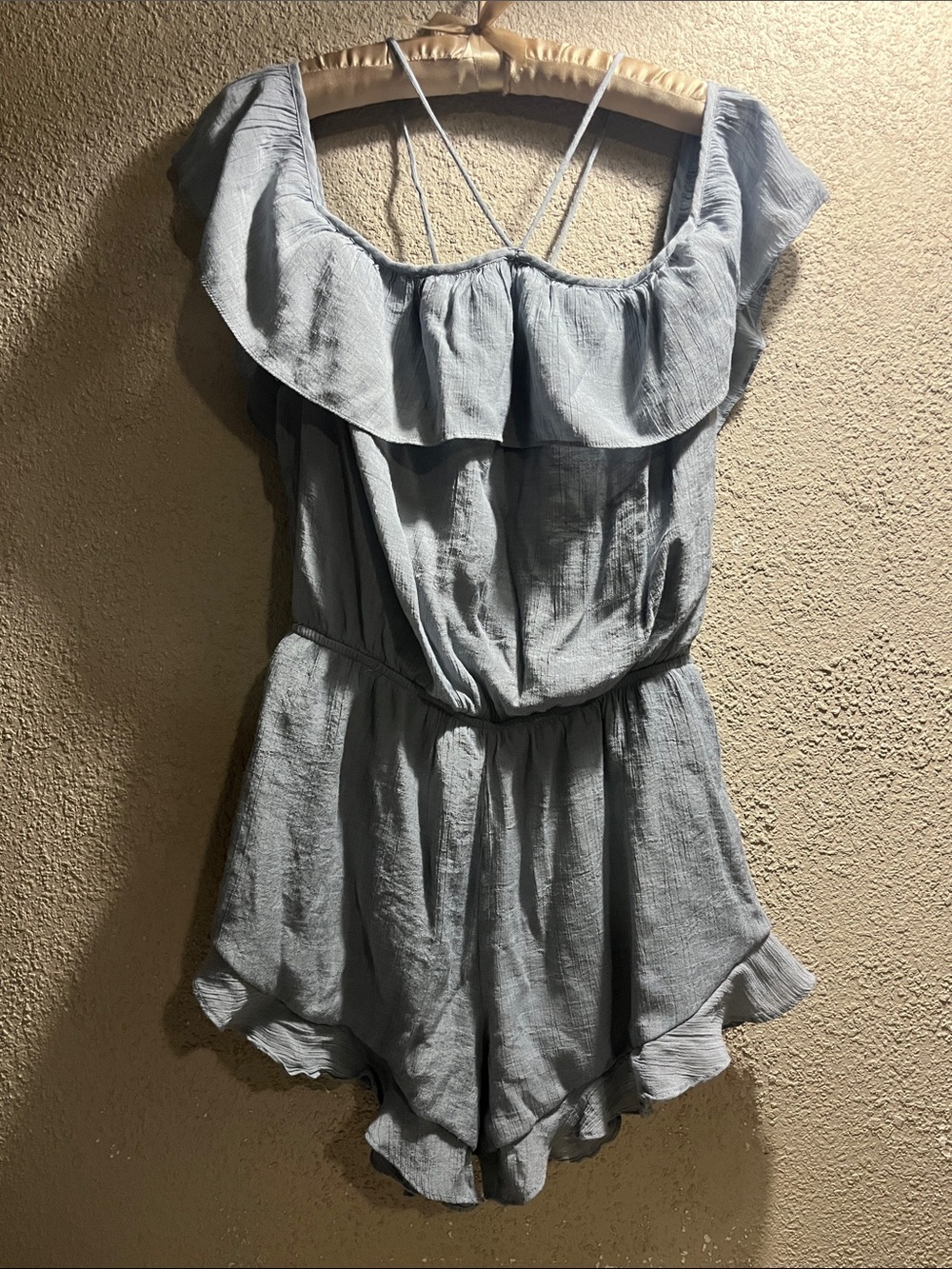 Women’s Light Blue Ruffle Romper with Strappy Back Detail Large